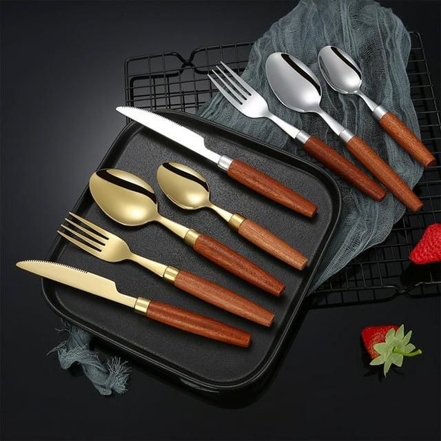 Yhsdtq,Stainless Steel Cutlery Set with Wood Grain Handle - 4-Piece Utensils Including Knife, Fork, Spoon & Chopsticks - 7.87 Inch Rust-Resistant Dining Tools for Home & Restaurant Use