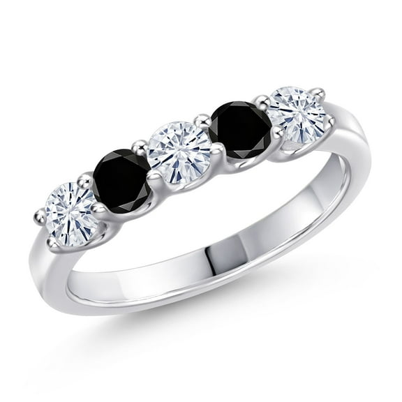 Gem Stone King 925 Sterling Silver White Moissanite and Black Diamond Wedding-Bands Ring for Women | 0.82 Cttw | Round 3.5MM | Gemstone Birthstone | Size 5