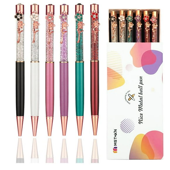 MSTOKIN Bling Crystal Diamond Floral Pen With Flower on The Pens Clip Cute Writing Pens For Women Girls (6-packs)