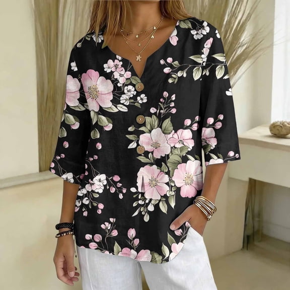 Warop Women's 3/4 Sleeve Tops Fashionable Printed V-Neck Blouse Loose Fit Pullover T Shirts with Decorative Buttons