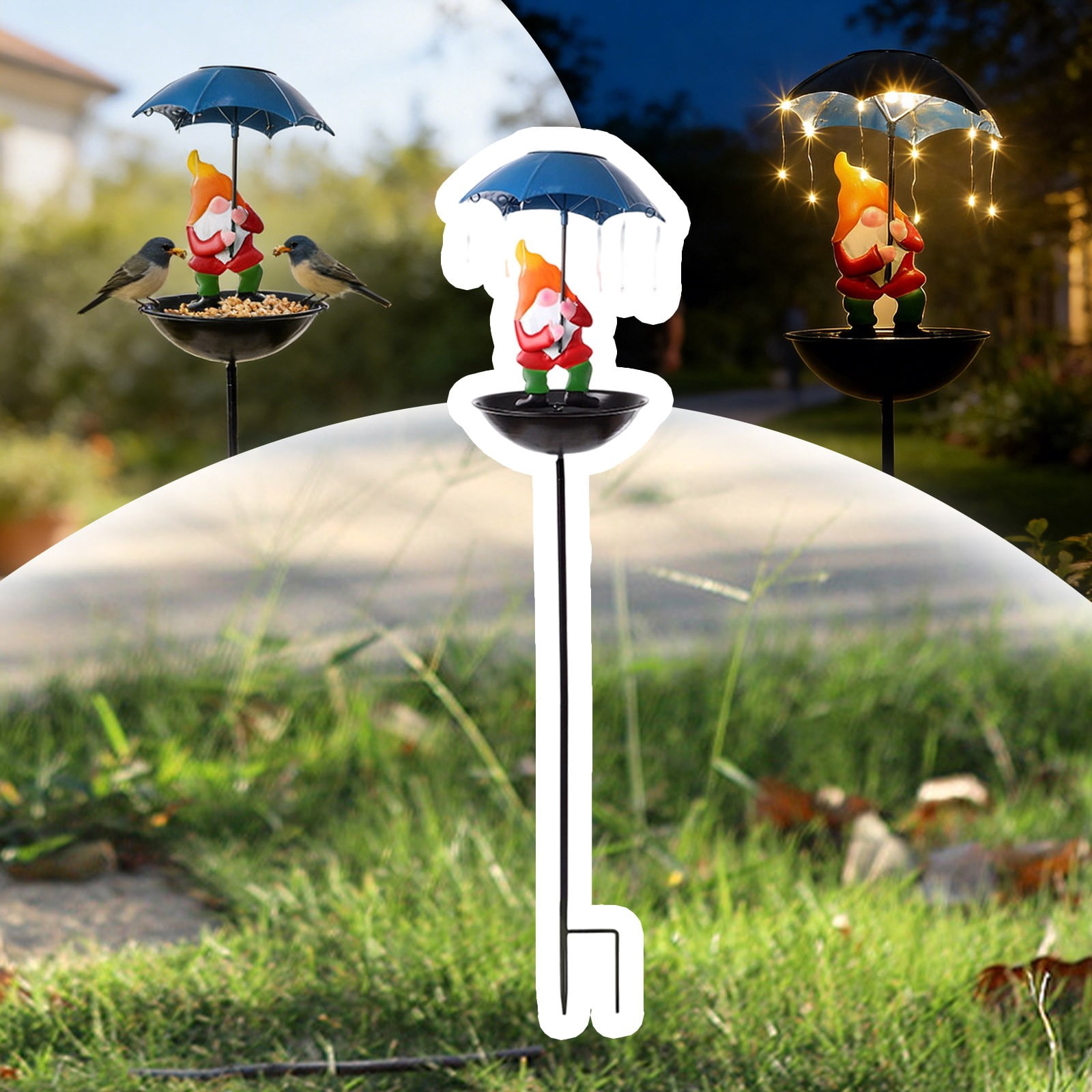 Pimea 33.86" Bird Feeder with Umbrella, Solar-Powered Metal Garden Stake, Outdoor Bird Feeding Station