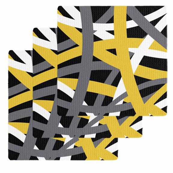 Yellow Black Geometric Kitchen Dish Towels for Drying Dishes Set of 3, Modern Art Abstract Grey Line Waffle Weave Microfiber Hand Tea Bathroom Towels Quick Dry & Absorbent Towel 12x12