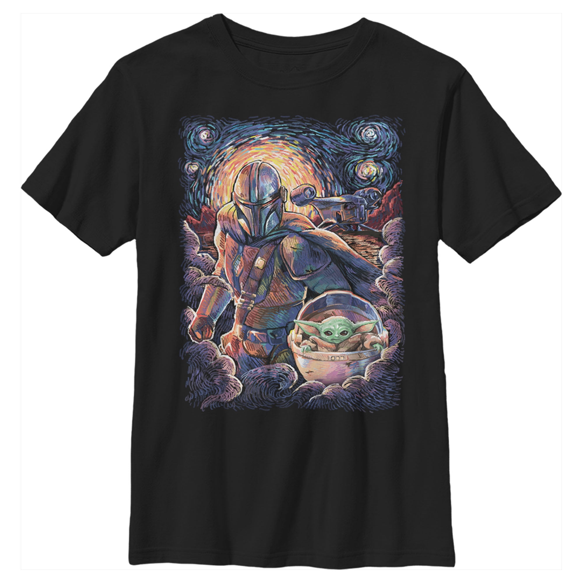 Boy's Star Wars The Mandalorian Starry Night Best Friend Portrait  Graphic Tee Black X Large