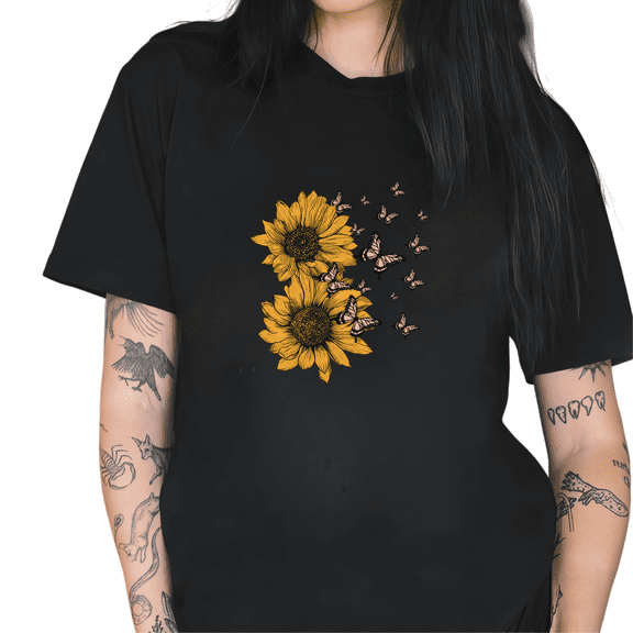 Cozymy Women's Boho Sunflower Monarch Butterfly Line Art Graphic Short Sleeve T-Shirt Vintage Cotton Crewneck Summer Top