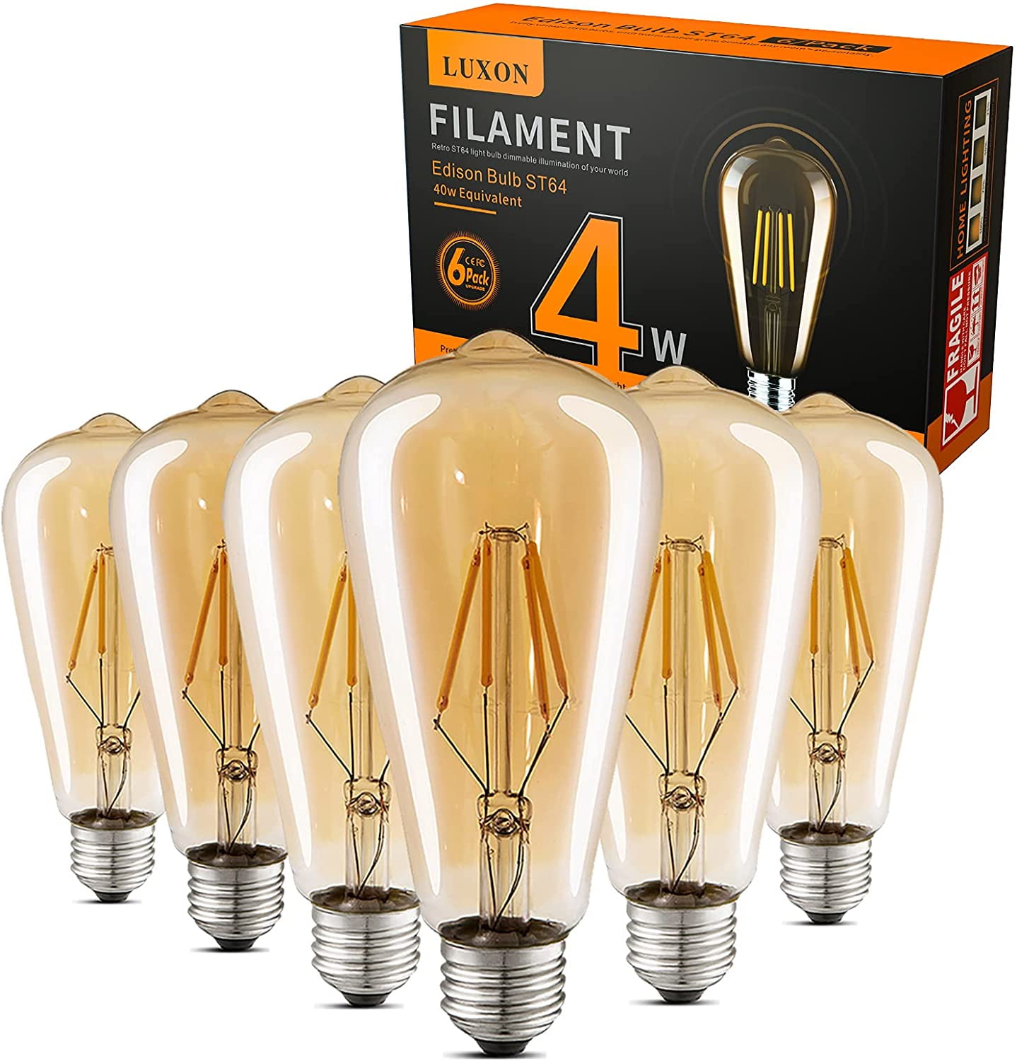 Vintage Edison Light Bulb,LED Vintage E27 ST64 4W 2200K Retro Edison Lamp Amber Warm Incandescent for Home/Restaurant/Bar/Cafe/Wedding-2 Piece Energy Efficiency Class A + 