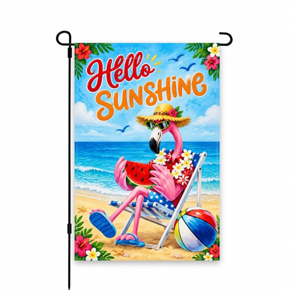 Flamingo Beach Garden Flag 12x18 Inch - Hello Sunshine Summer Yard Decor for Lawn, Patio, or Porch - Vibrant Tropical Theme with Flowers and Seashells