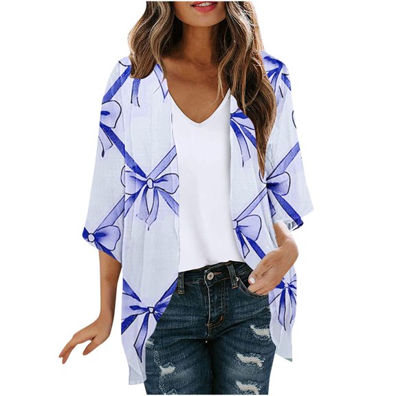 Hvyesh Women's Floral Print Puff Sleeve Kimono Cardigan Loose Cover Up Casual 3/4 Sleeve Open Front Blouse Tops