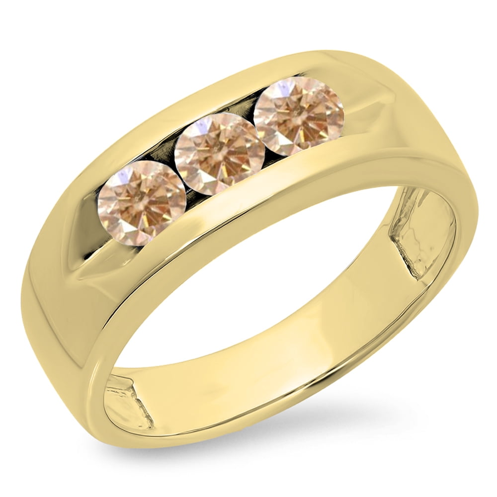 1.10 Carat (ctw) 14K Gold Real Champagne Diamond Men's Channel Set 3 Stone Anniversary Wedding