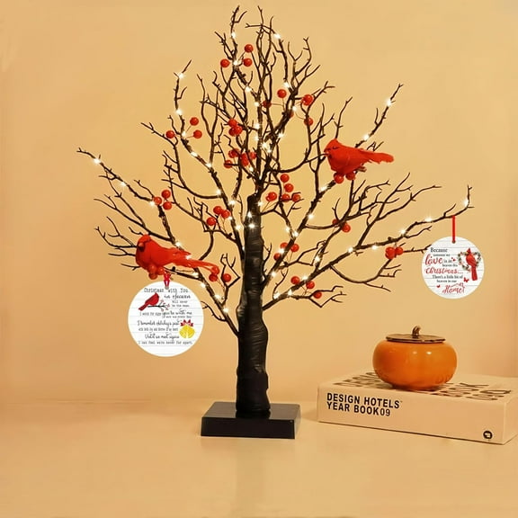 Vintage Glowing Tree with Cardinals – Lighted Christmas Cardinal Tree, Warm Glow Holiday Decoration, Battery Powered Table Lamp for Home Décor & Gifts Christmas