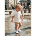 thumbnail image 3 of BemeyourBBs Newborn Baby Boy Shirt Romper Summer Clothes Lapel Neck Short Sleeve Button Down Front Jacquard Bodysuit Jumpsuit One Piece Outfits, 3 of 9