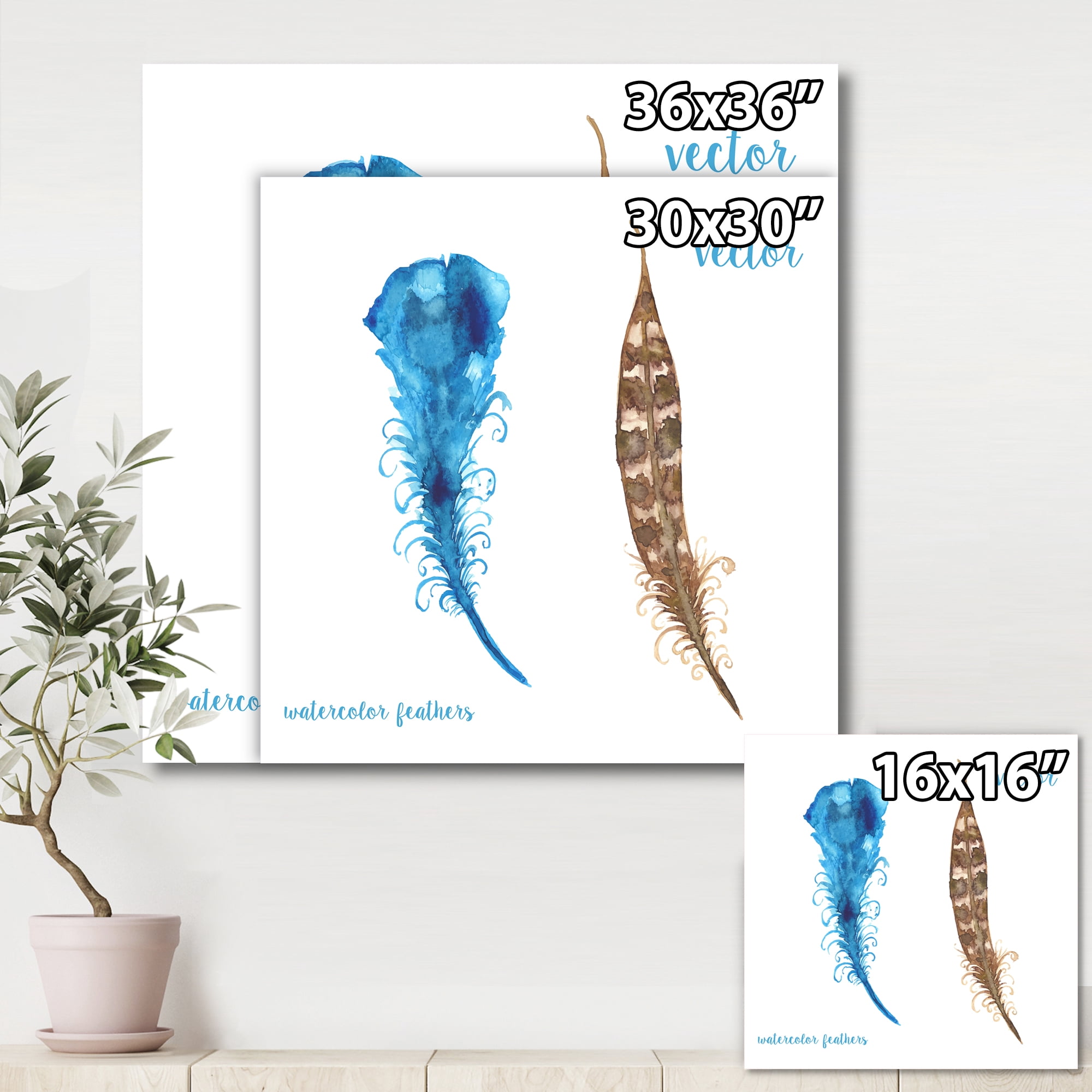 Designart ' Ethnic Boho Watercolor Feathers ' Bohemian & Eclectic Canvas Wall Art Print