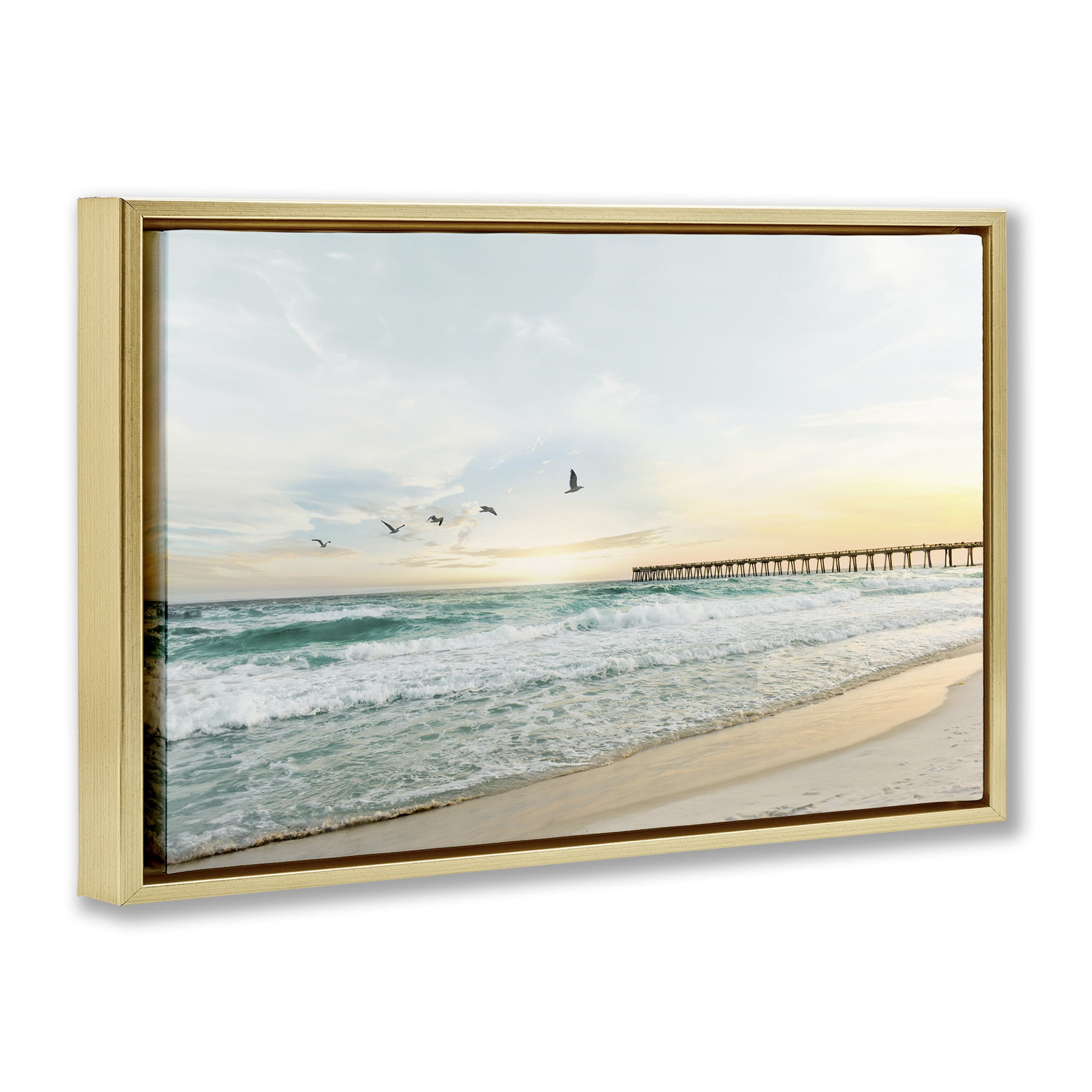 Stupell Industries Birds at Beach Pier Landscape & Nature Photography Gold Floater Framed Canvas Art Print Wall Art, 25 x 17