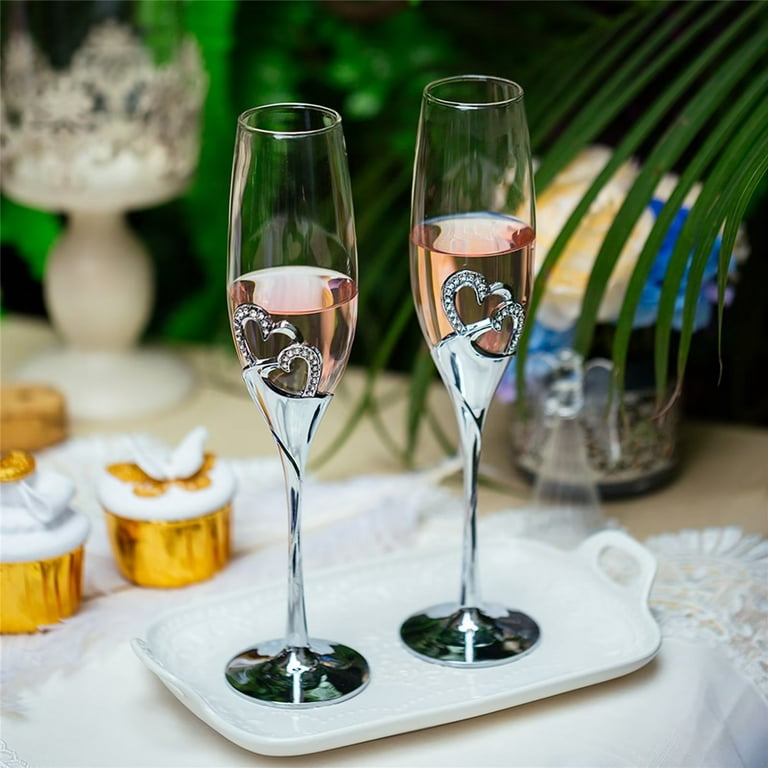 Glasseam Wedding Champagne Flutes Set of 2 Silver Toasting Glasses for  Bride and Groom