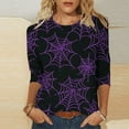 thumbnail image 2 of FAVIPT Halloween Shirts for Women Three Quarter Sleeve Round Neck Blouse Spider Web Print Casual Loose Shirts Basic Novelty Party Fall Tees Purple,XL, 2 of 7
