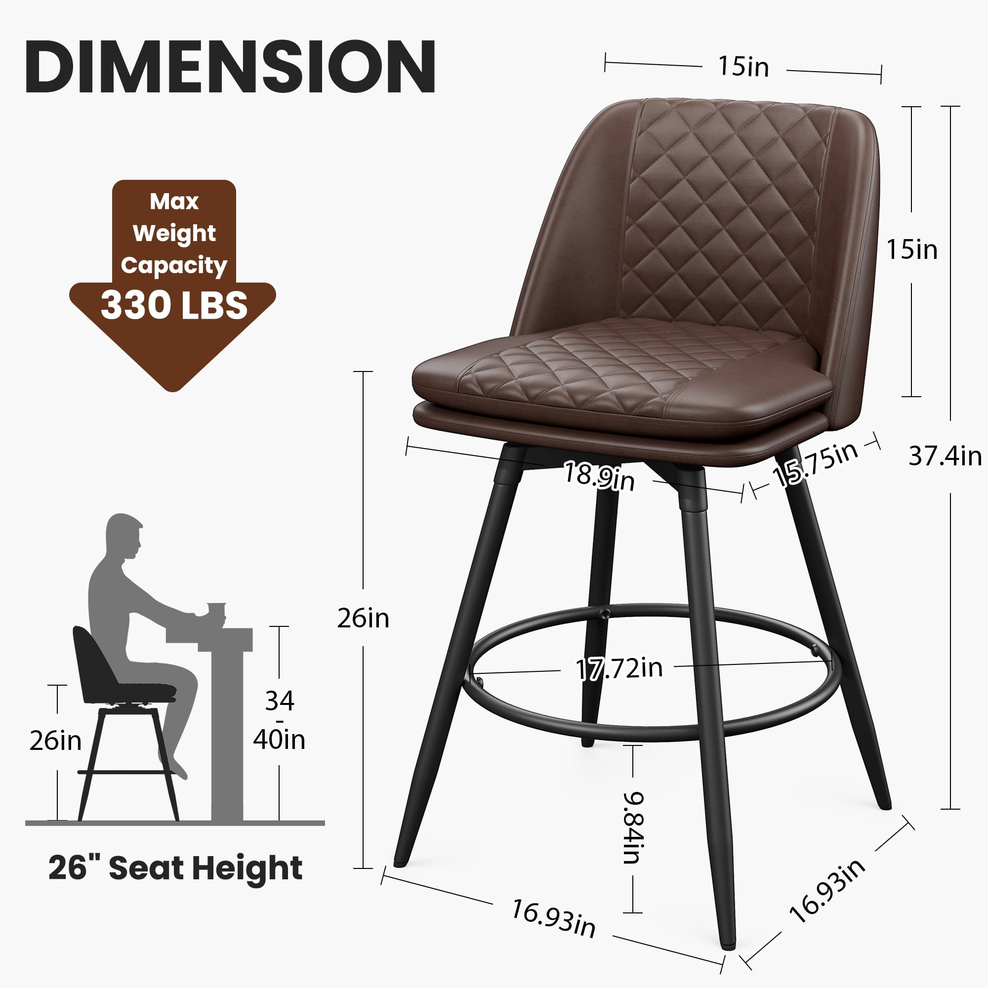 LainTene Swivel Bar Chairs Set of 6, 26-Inch Counter Height Stools with Faux Leather Seats, Footrest & Backrest – Ideal for Kitchen Island or Bar