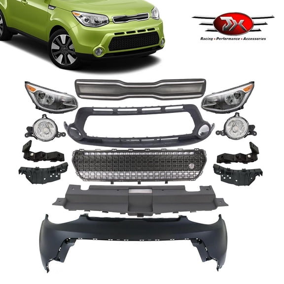 JX RACING Front Bumper Grille Kit Compatible with 2014 2015 2016 Kia Soul Front Grille/Bumper Cover/Fog Light/Headlights Assembly/Brackets/Radiator Support Cover Set