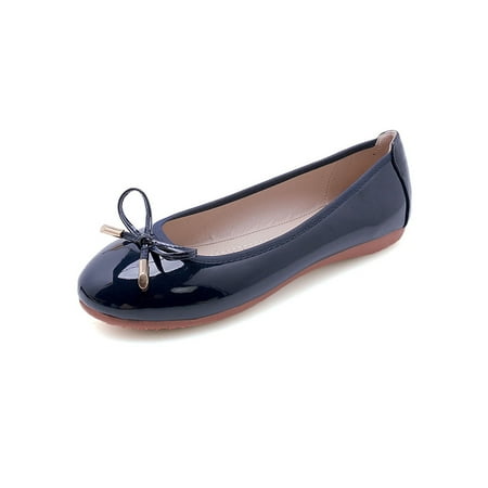 

Rotosw Ladies Loafers Round Toe Flats Slip On Ballet Flat Anti-Slip Bow Tie Casual Shoes Dance Breathable Boat Shoe Royal Blue Patent Leather 8