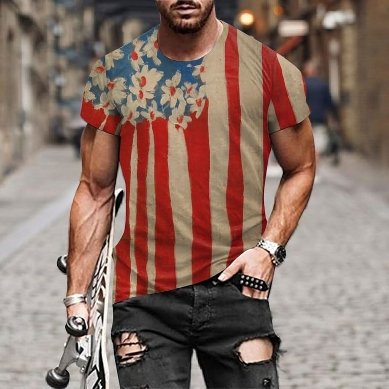 SZXZYGS Mens Shirts Pack Black Mens Summer Independence Day Fashion 3D  Digital Printing T Shirt Short Sleeve 