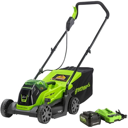Greenworks 24V 13” Battery Powered Push Walk-Behind Mower, 4Ah USB Battery and Charger Included