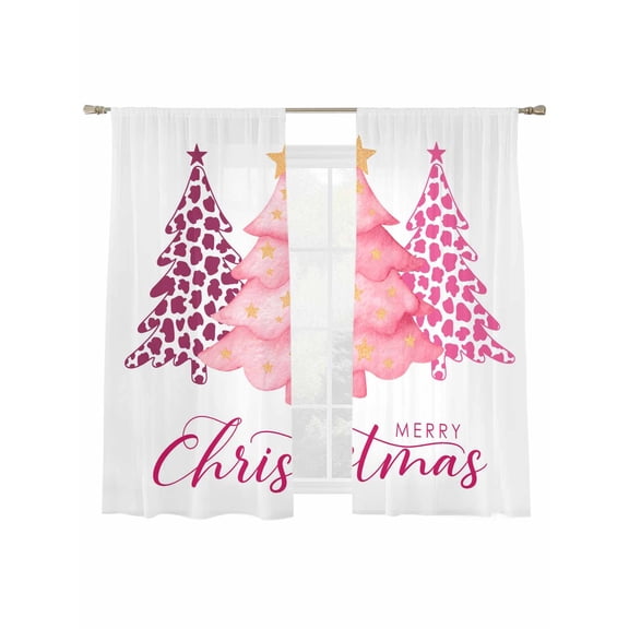 Christmas Tree Sheer Curtains 63 inches Long, Winter Pink Leopard Pine Trees Stars Xmas Light Filtering Sheer Window Curtains Rod Pocket Voile Drapes for Bedroom Living Room, 2 Panels 52"W x 63"L