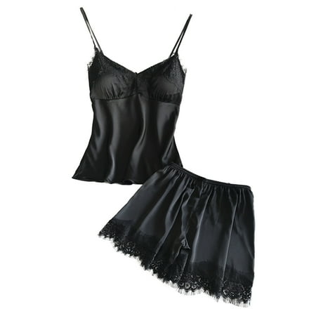 

Pajamas Women s Underwear Satin Casual Pajamas Suspenders Shorts Suit Black