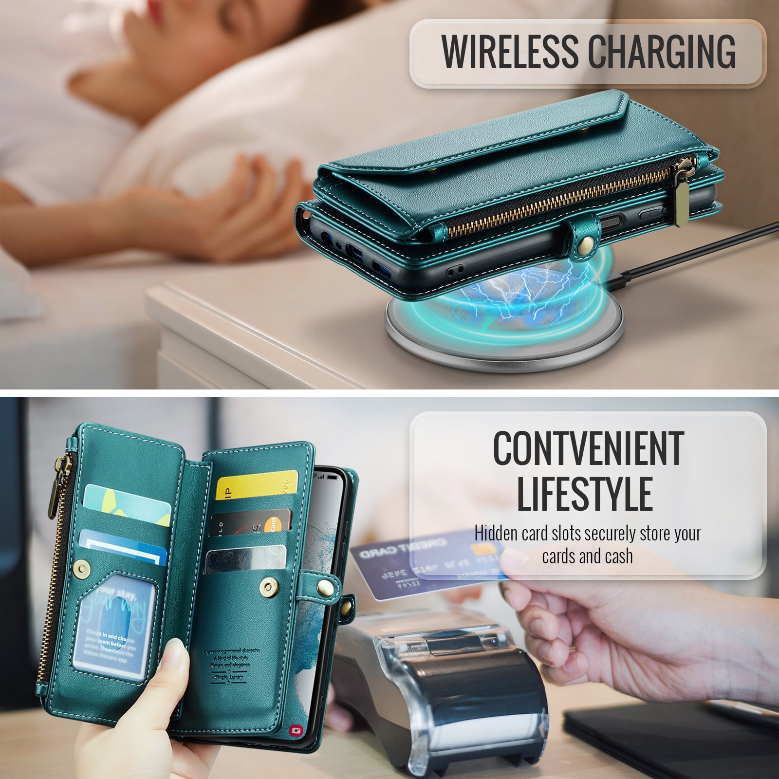 Asuwish Compatible with Samsung Galaxy S22 5G Zipper Wallet Phone Case Tempered Glass Screen Protector Crossbody Lanyard Strap Flip Card Holder Slot Cell Cover for S 22 22S 4G G5 6.1 Women Green