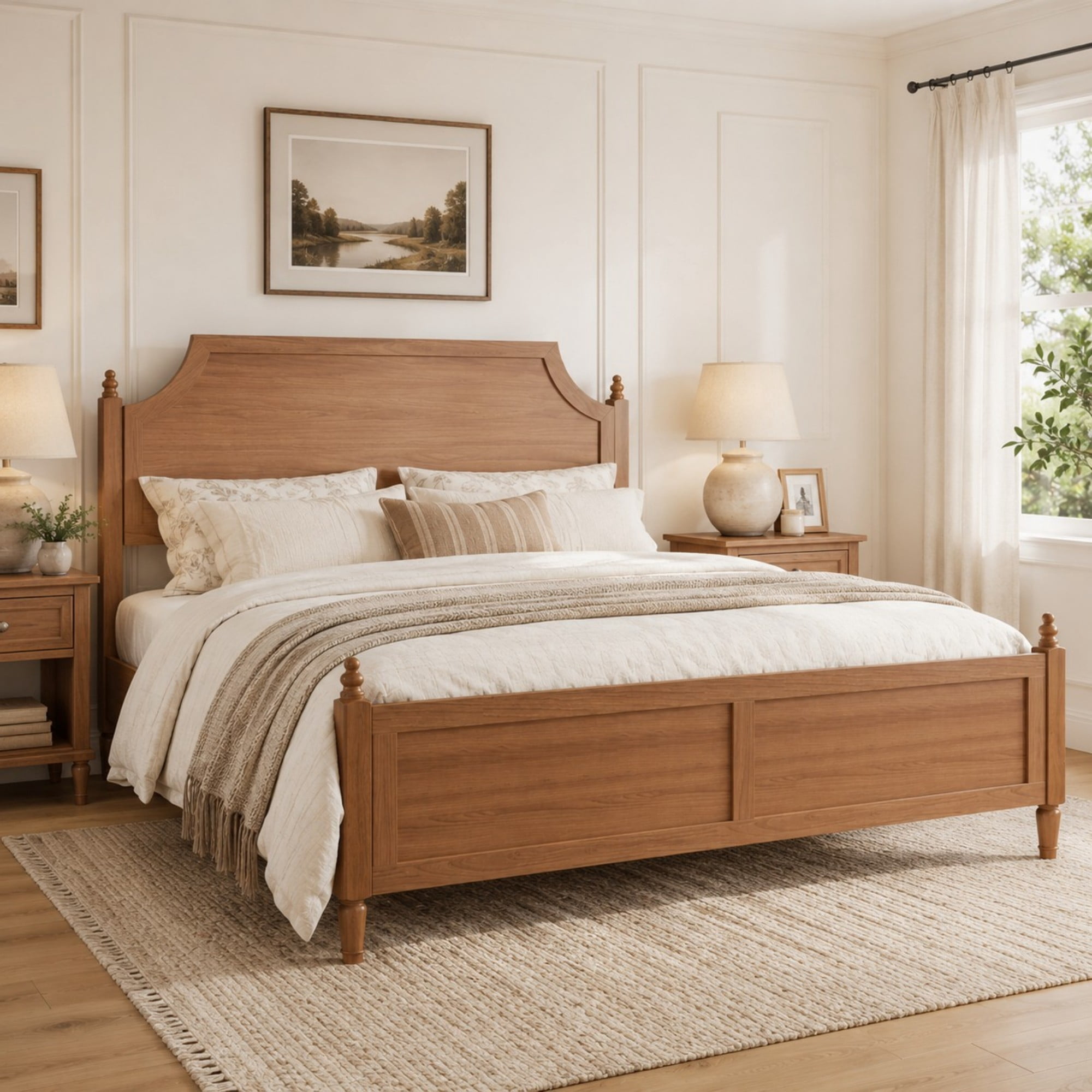 DEALTOPS Queen Size Platform Bed Frame with Headboard & Footboard, Wood Farmhouse Bed, No Box Spring, Brown
