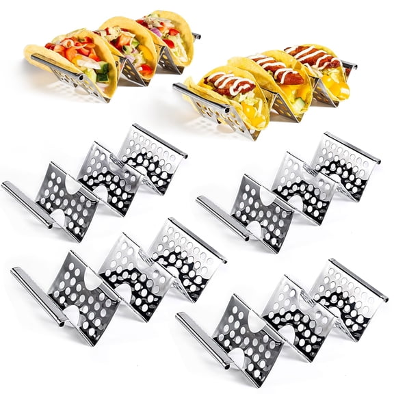 Stainless Steel Taco Holders Set of 6, Taco Stands for 3 Tacos Each, Taco Shell Rack Serving Tray Oven Grill Safe, Ideal for Taco Tuesday Parties Events, Silver