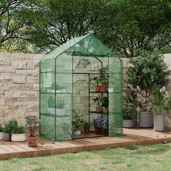 Walk-In Mini Greenhouse – Portable Outdoor Greenhouse with 3 Tiers & 4 Shelves, Thickened PE Cover, Steel Frame & Roll-Up Zipper Door for Seedlings, Flowers, Vegetables on Patio
