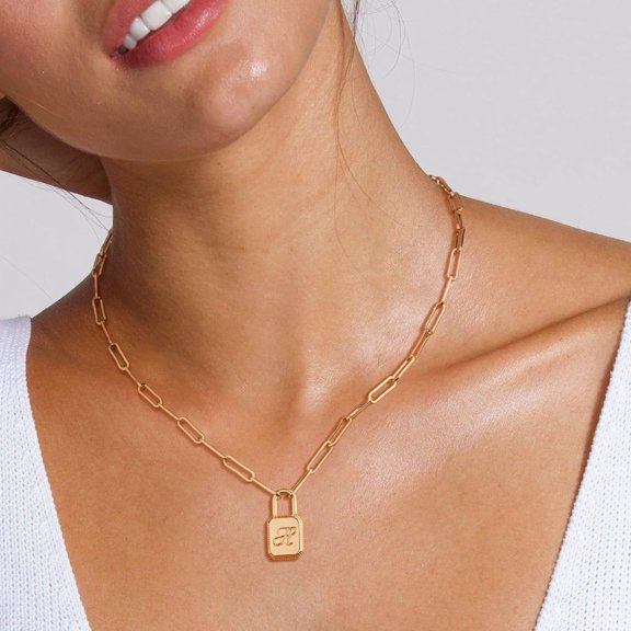 Lock Initial Necklaces,14K Gold Plated Adjustable Paperclip Chain Dainty Lock Necklace Personalized Engraved Letter Lock Pendant Necklace Jewelry For Women[o4246]
