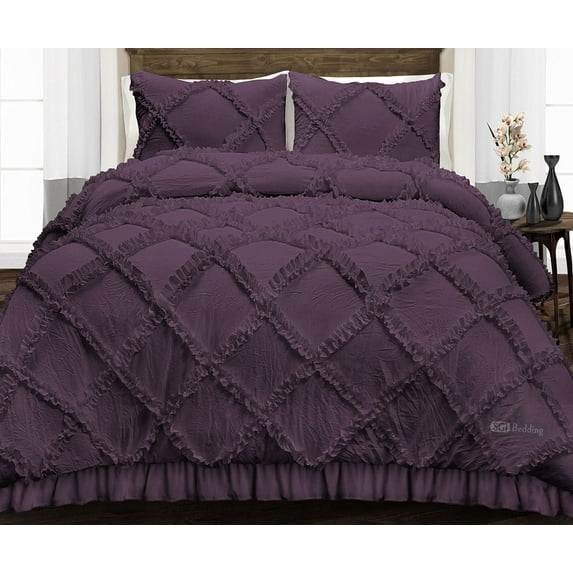 SGI Full Diamond Ruffle Comforter Set Microfiber 3 Piece Plum