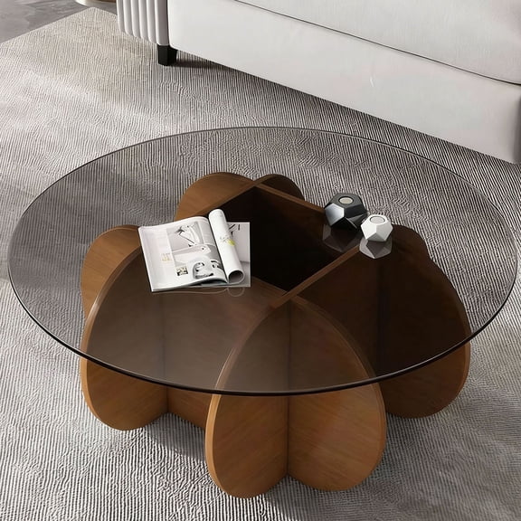 S-HOME Modern Round Coffee Table in Walnut Finish with Tempered Glass Top 31.5 Inches for Living Room Centerpiece