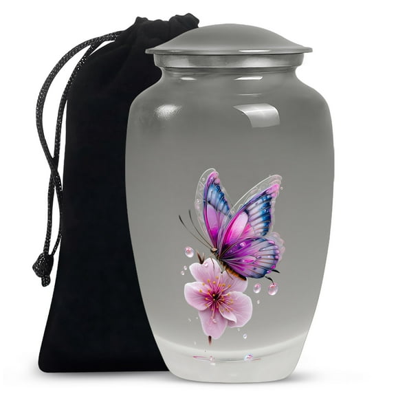 Butterfly Cremation Urn for Human Ashes, Large Decorative Urn for Adult Female, Elegant Pink & Blue Butterfly with Flower, Funeral Urn with Velvet Bag (10 Inch 1 Pc)