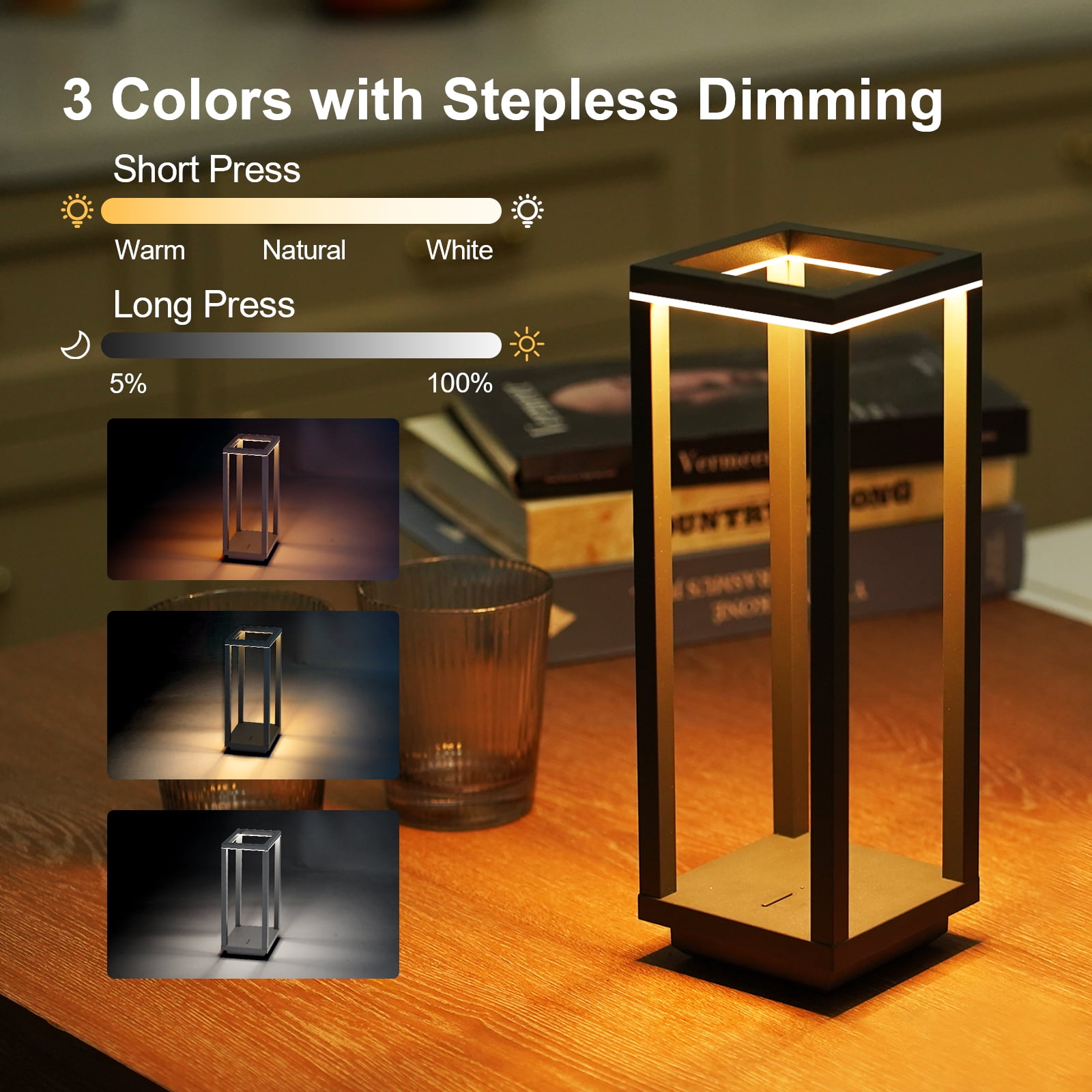 2 Pack Cordless Table Lamp Rechargeable, IP55 Waterproof, 60h Runtime Protable Outdoor Table Lamps, 3 Color Stepless Dimming Battery Powered Table Lamp for Dinner/Restaurant/Bedroom/Cafe