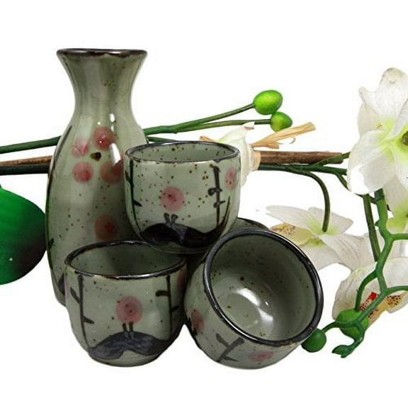 Atlantic Collectibles Japanese 5oz Ceramic Matcha Cherry Blossom Sake Set Flask With Four Cups Made In Japan