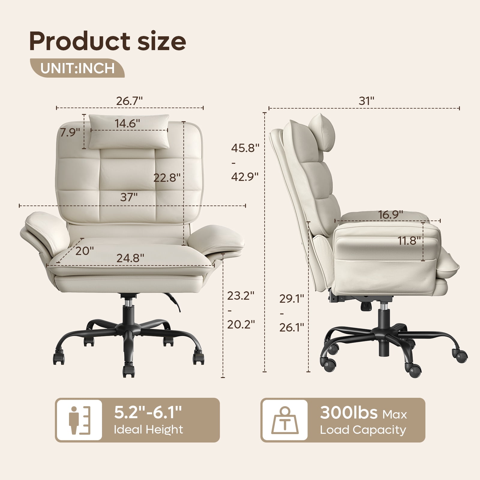 Bestier Big and Tall Ergonomic Office Chair with Flip-Up Arms, PU Leather High Back Executive Swivel Desk Chair with Side Pockets & Headrest , Height Adjustable Computer Chair for Home, Beige