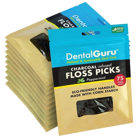 75pk Dental Guru Charcoal Infused Floss Picks Plastic-Free Tooth Care