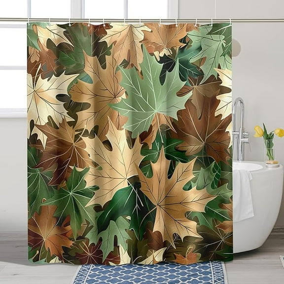 Generic Autumn Leaf Shower Curtain, Green Brown Leaf Pattern Bathroom Decor, Fall Seasonal Modern Nature Inspired Waterproof Fabric Shower Curtain Set With Hook 54"W x 72"L