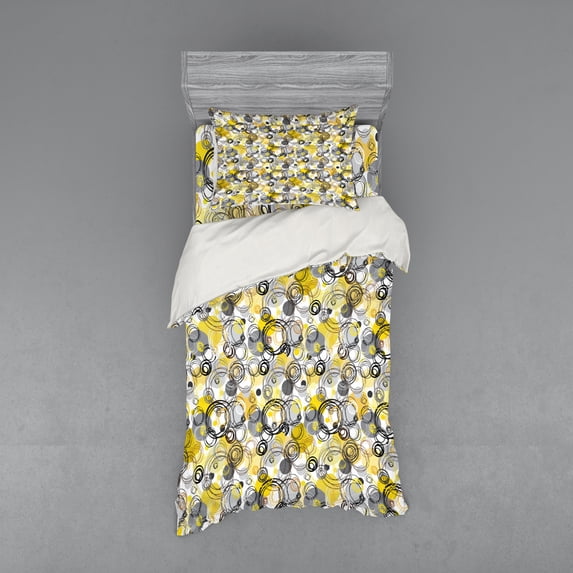 Grey and Yellow Duvet Cover Set, Hand Drawn Sketchy Geometrical Retro Modern Circles Image, Bedding Set with Shams and Fitted Sheet, 3 Sizes, by Ambesonne