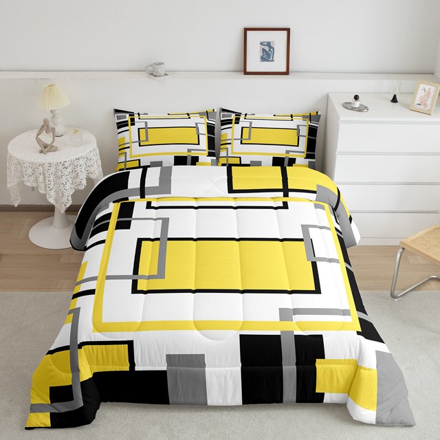 Erosebridal Square Geometry Bedding Queen Comforter Set, Yellow Down Comforter, Rectangle Reversible Comforters & Duvets, Microfiber Bedroom Decoration, 3-Piece