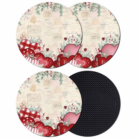 Red Pink Valentine's Day Coasters Set of 4, Absorbent Coasters for Drinks, Love Heart Eucalyptus Leaves Retro Coaster for Desk Coffee Table Protection, Home Decor House Warming Gifts 4"
