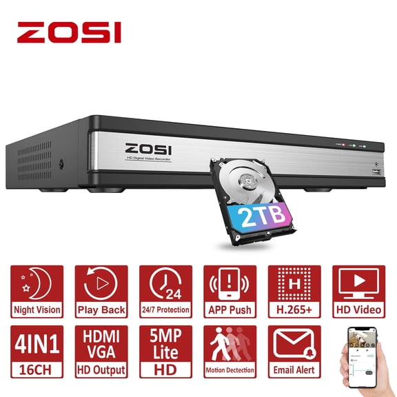 ZOSI 16CH 3K Lite CCTV DVR Video Recorder with 2TB Hard Drive. Hybrid Surveillance 4-in-1 DVR Supports HD-TVI, CVI CVBS AHD 960H Security Cameras, Remote Viewing, Motion Detection,24/7 Record