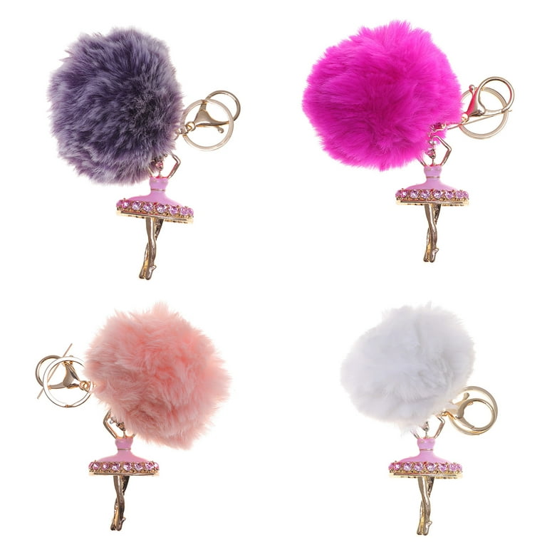 Frcolor Lovely Crystal Ballet Girl Keychains Dancing Angel Fluffy Puff Ball Pendant Fur Key Chain Car Styling Bag Jewelry Pompom Keyring, Adult Unisex