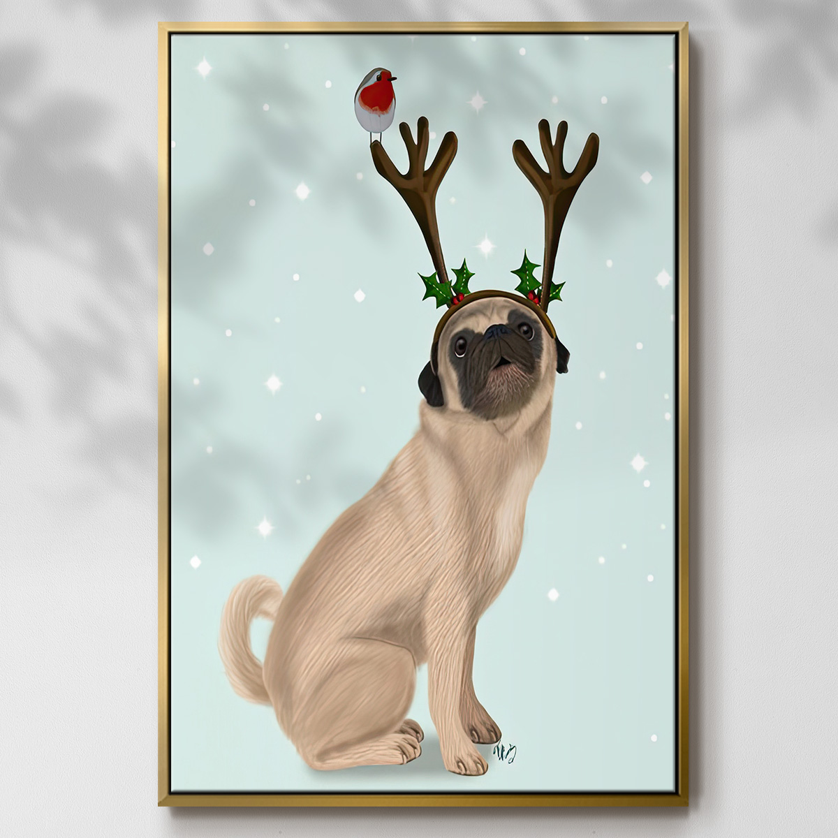 Christmas Pug with Antlers and Robin - Framed Gallery Wrapped Holiday Canvas - 17 x 25 - Gold Frame