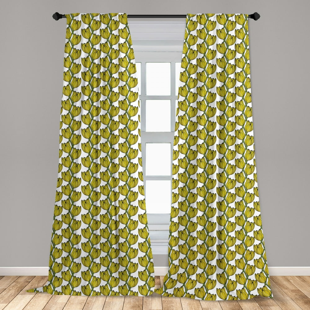 Yellow and Green Curtains 2 Panels Set, Composition of Tulips with Coming of Spring Hand Drawn