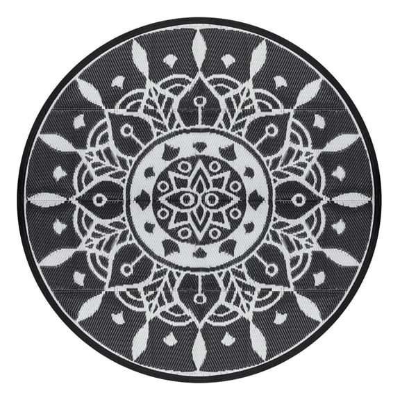 Black 5 ft. Round Plastic Geometric Indoor/Outdoor Area Rug