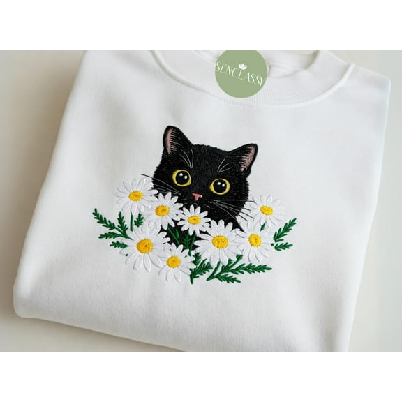 Embroidered Black Cat And Daisy Sweatshirt, Cute Black Cat Sweater, Gift For Cat Lover, Wildflower Shirt, Boho Cottagecore Nature Lover Gift