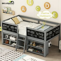 Bellemave Wood Twin Loft Bed with 2 Movable Storage Shelves, Low loft Bed Frame with Guardrail Chalkboards for Bedroom (Gray)