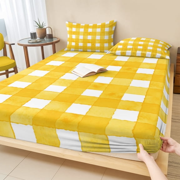 Twin XL Size Fitted Sheet Set - Yellow Plaid 2 Piece Bedding Sets 16" Deep Pocket Fitted Sheet with 1 Pillowcases, Watercolor Grid Checker Gingham Farmhouse Brushed Microfiber Hotel Luxury Bed Sheets