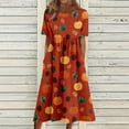 thumbnail image 3 of Women's Round Neck Halloween Patchwork Print Dress with Pockets Short Sleeve Loose Midi Dress Casual Fall Outfit for Daily Wear Saffron M, 3 of 6